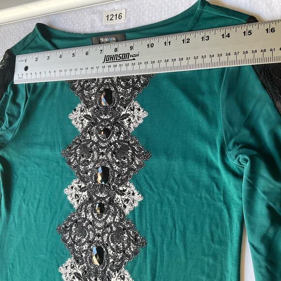 Style & Co. Women’s Long Sleeve Screw Neck Mini Dress size Petite S, Green Black - Picture 2 of 9